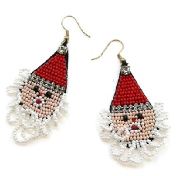 Christmas Earring Seed Bead Santa Earrings 2.5" X 1.5" Holiday Red Beaded Earrings With Ear Wire, Handmade White Beaded Earrings For Christmas, Red Beaded Christmas Jewelry, White Jewelry For Holiday Party, White Holiday Party Jewelry, Red Beaded Earrings For Holiday With Round Beads, Red Beaded Earrings For Holiday, White Holiday Jewelry For Festive Occasions, Festive White Beaded Earrings With Dangling Beads