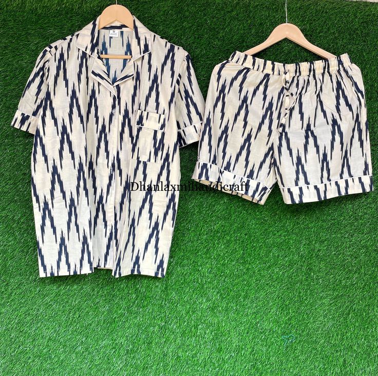 Ikat Print Shorts Pyjama Sets, Indian Cotton Handmade Pajama Set, Bachelorette Pajamas, Unisex Short Sleeve Short Sets, Women's Sleep Wear,  Please MESSAGE us for CUSTOM ORDERS  Product: 100% Cotton Pyjama set with 2 Pockets in Short & 1 pocket in shirt  Items - Two Piece Nightwear Set : Pyjama, Top (Pyjama Sets) Shirt: Half Sleeves, button closure with collar. ( BELOW SIZES FOR SHIRT) Extra SMALL:- XS                                     WAIST:- 26 INCHES /66 CM                   HIP:- 30 INCHES / 76 CM                        CHEST/BUST:- 36 INCHES / 92 CM        SHIRT LENGTH:- 24 INCHES / 62 CM     SHORTS LENGTH:- 13 INCH / 34 CM SMALL: S WAIST:-  28 INCHES  / 71 CM HIP:-  32 INCHES / 82 CM CHEST/BUST:-  38 INCHES / 97 CM SHIRT LENGTH: 25 INCHES / 64 CM SHORTS LENGTH:- 14 INCHES / 36 CM M Relaxed Fit Cotton Sets With Short Length, Cotton Sleep Sets In Short Shape, Cotton Sleep Sets Short, Cotton Sleep Sets With Shorts, Short Cotton Sleep Sets, Cotton Sleepwear Sets With Shorts, Cotton Short Sleeve Matching Pant Set, Cotton Short Sleeve Pant Set, Cotton Short Sets For Pajama Party