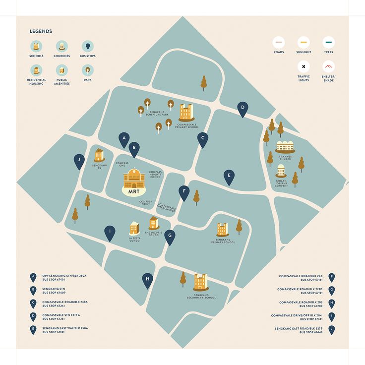 a map showing the location of several buildings and locations in different areas, including trees