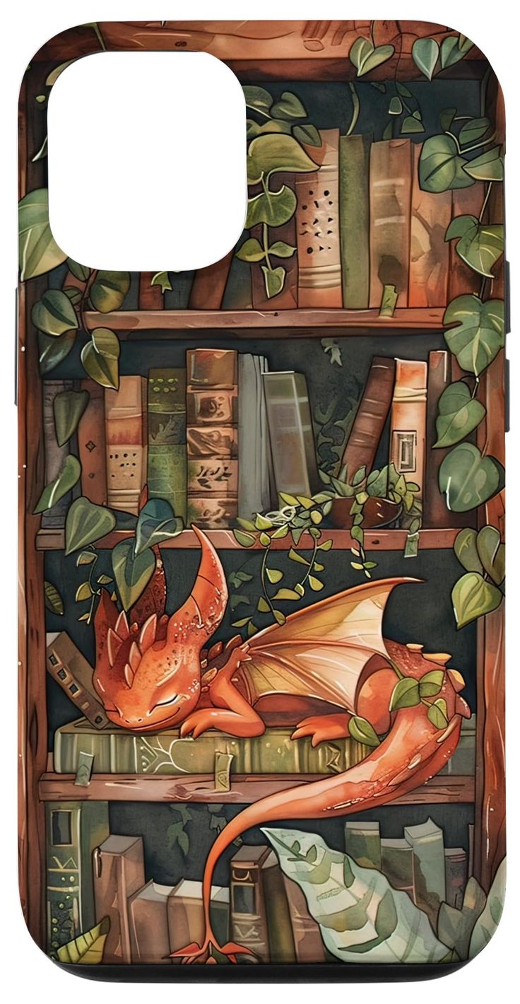 a phone case with an image of a dragon sleeping on top of bookshelves