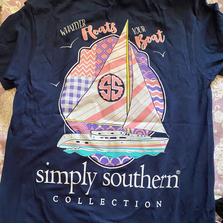 Simply Southern Size Small Whatever Floats Your Boats Navy Crew Neck T-shirt For Spring, Casual Navy Summer T-shirt, Blue Graphic Tee With Print, Navy Casual T-shirt With Screen Print, Casual Navy T-shirt With Screen Print, Navy Cotton T-shirt For Spring, Patchwork Tshirt, Southern T Shirts, Southern Tshirts