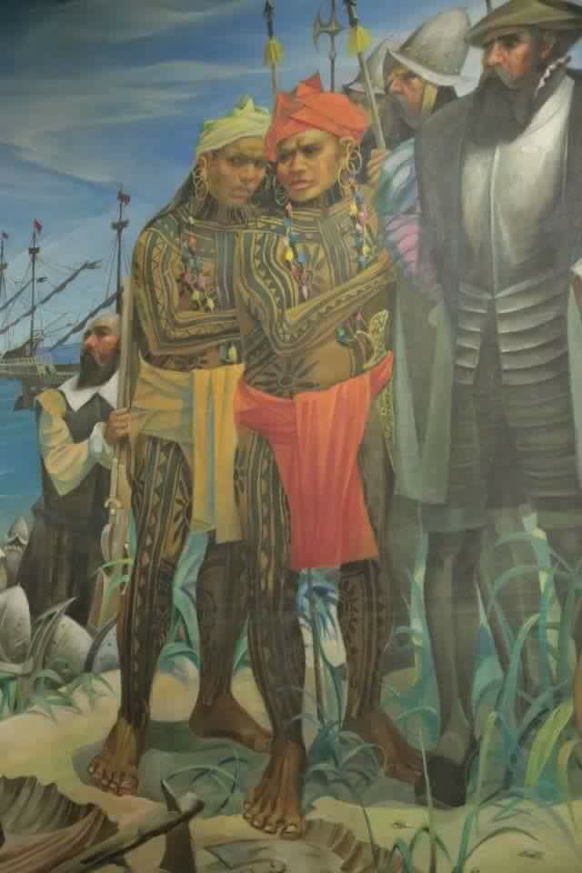 a painting of two men standing next to each other in front of a group of people