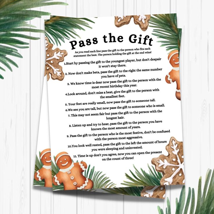 a christmas poem with ginger cookies on it and palm leaves around it, which reads pass the gift