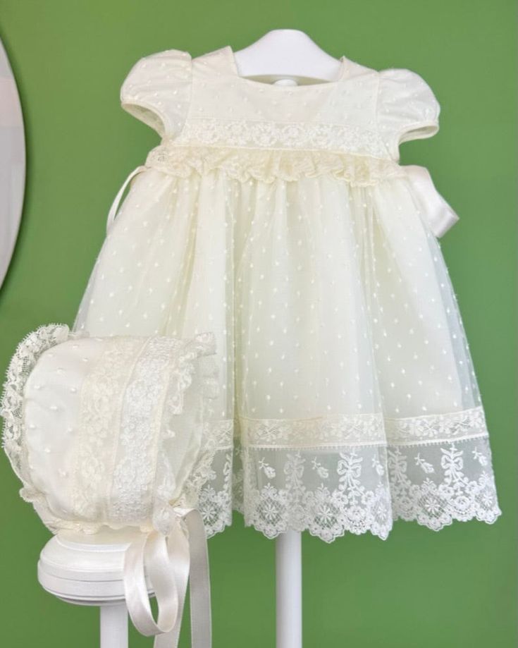 YoYo Boutique Baptism Estefania Dress with Bonnet White A-line Cotton Dress, White Cotton A-line Dress, White Lined Cotton Dress, White Cotton Lined Dress, Classic White Cotton Dresses, Elegant White Cotton Dress, White Cotton Dress With Lace Trim, Classic White Lined Dress, Cotton Baptism Dress With Lining