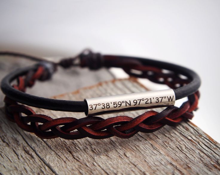 Personalized Men Leather Bracelet, Men Coordinate Gifts, Men leather jewelry, Silver, Coordinates, dad, adjustable, Christmas, Mens Gifts Custom hand stamped Bracelet, Personalized any information on the bracelet, the best gift for boyfriend or girlfriend, best friends, mom, dad etc. unisex style. Details: End: adjustable to any wrists Color of the leather: Brown / Black Raw materials: Real leather+metal Metal color: Stainless steel Max characters: 17 per line To see more different styles handmade bracelets, click https://www.etsy.com/shop/HandmadeGhost If you like my shop, just fav it, if you want the bracelets, you can add to your shopping cart. Any problem, just inquiry directly from the home page of my shop https://www.etsy.com/shop/HandmadeGhost Great day! Adjustable Engraved Leather Jewelry, Masculine Braided Leather Bracelet For Gift, Masculine Brown Jewelry For Gift, Masculine Brown Jewelry Gift, Brown Leather Bracelet With Engraving Option, Adjustable Leather Bracelet With Engraving Option For Father's Day, Father's Day Engraved Adjustable Braided Bracelets, Father's Day Adjustable Engraved Braided Bracelets, Father's Day Adjustable Engraved Leather Bracelet