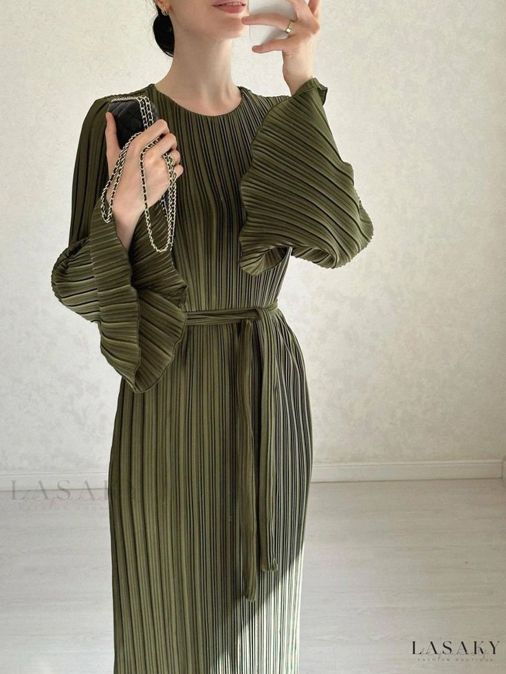 Lasaky - Accordion Pleated Maxi Dress with Flared Sleeves Plisse Dress, Solid Maxi Dress, Flare Sleeve Dress, Flare Long Sleeve, Loose Maxi Dress, Trumpet Sleeve, فستان سهرة, Pleated Bodice, Sash Belt