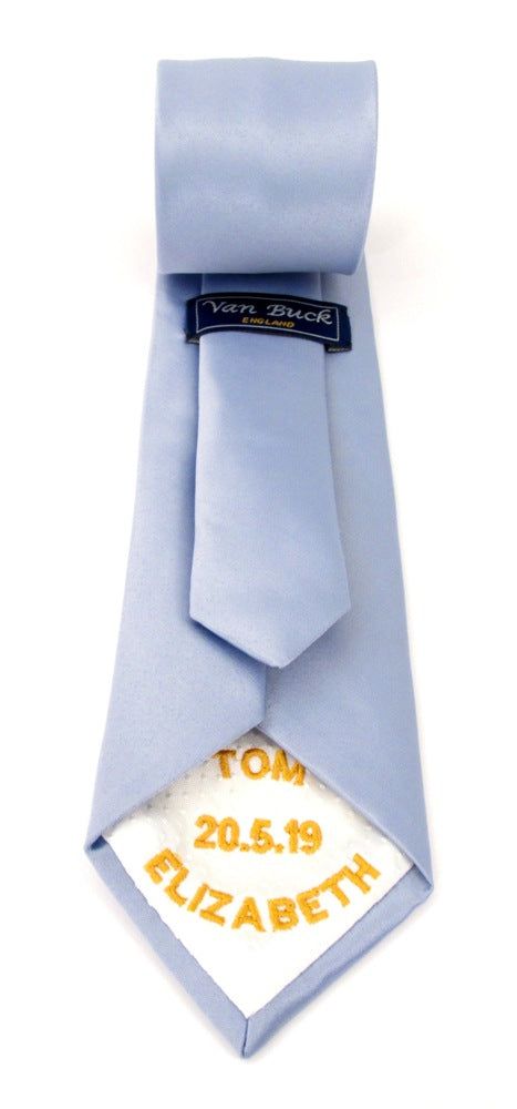 Personalised Wedding Tie Gold Embroidery On White Tipping By Van Buck Wedding Tie, The Wedding Date, Wedding Ties, Gold Embroidery, Personalised Wedding, First Name, Wedding Date, Personalized Wedding, Dates