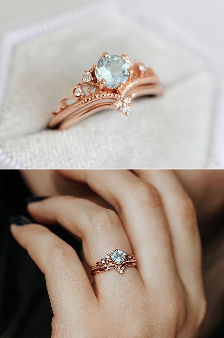 two different views of a woman's engagement ring