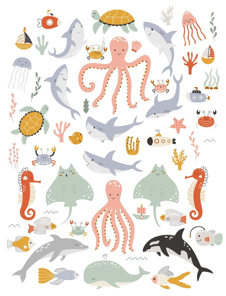 an octopus, sea animals and other marine creatures are grouped together in this hand drawn illustration