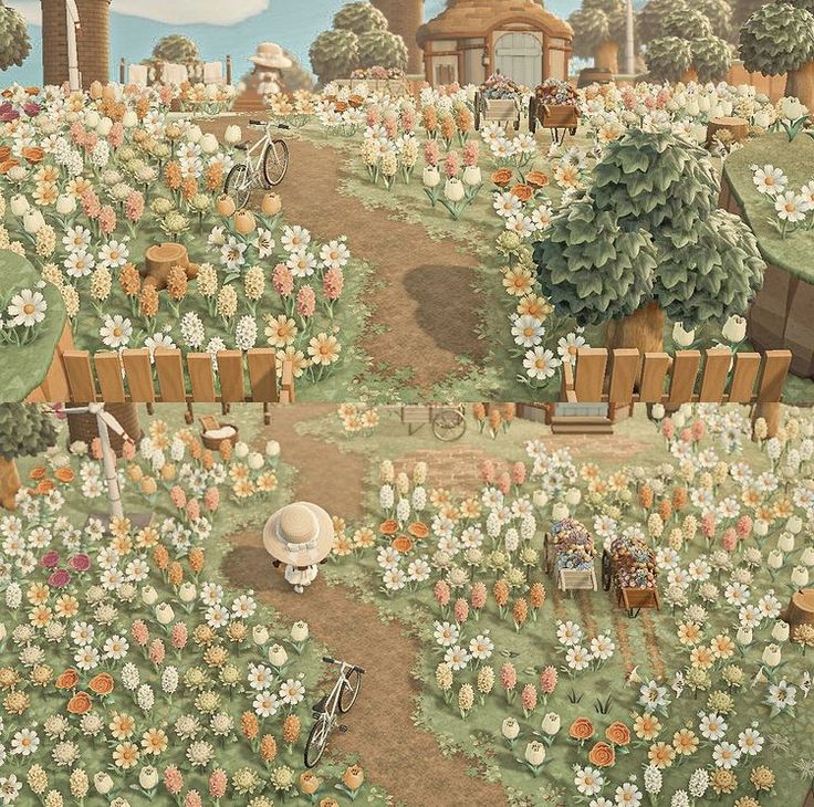 an artist's rendering of a garden with many flowers and animals in the background