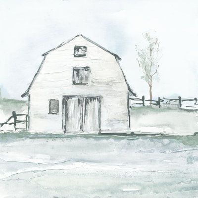 a drawing of a barn in the snow