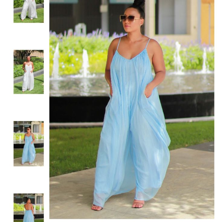 This Oversized Wide Leg Jumpsuit Is A Definite Fan Favorite. You Can Wear It Baggy Or Add A Belt For An Even Sophisticated Look. Blue Side Pockets Wide Legs Outer Baggy Look With Inner Fitted Jumpsuit Liner No Stretch 100% Polyester Fits True To Size Model Is Wearing A Size Medium Model Measurements: Height: 5'5" -- Weight: 169 Lbs -- Bust: 38" -- Waist: 29" -- Hips: 45" New With Tag But It Does Have A Stain On The Bottom As You Can See In The Last Picture. See All Pictures For More Details Flowy V-neck Jumpsuits And Rompers For Beach, Flowy V-neck Jumpsuit For The Beach, Flowy Sleeveless Jumpsuits And Rompers For Day Out, Flowy Jumpsuits And Rompers For Spring Beach Occasions, Spring Beach Flowy Jumpsuits And Rompers, Flowy Sleeveless Jumpsuit For Day Out, Light Blue Sleeveless Romper For Vacation, Chic Blue Jumpsuits And Rompers For Summer, Chic Light Blue Sleeveless Jumpsuits And Rompers