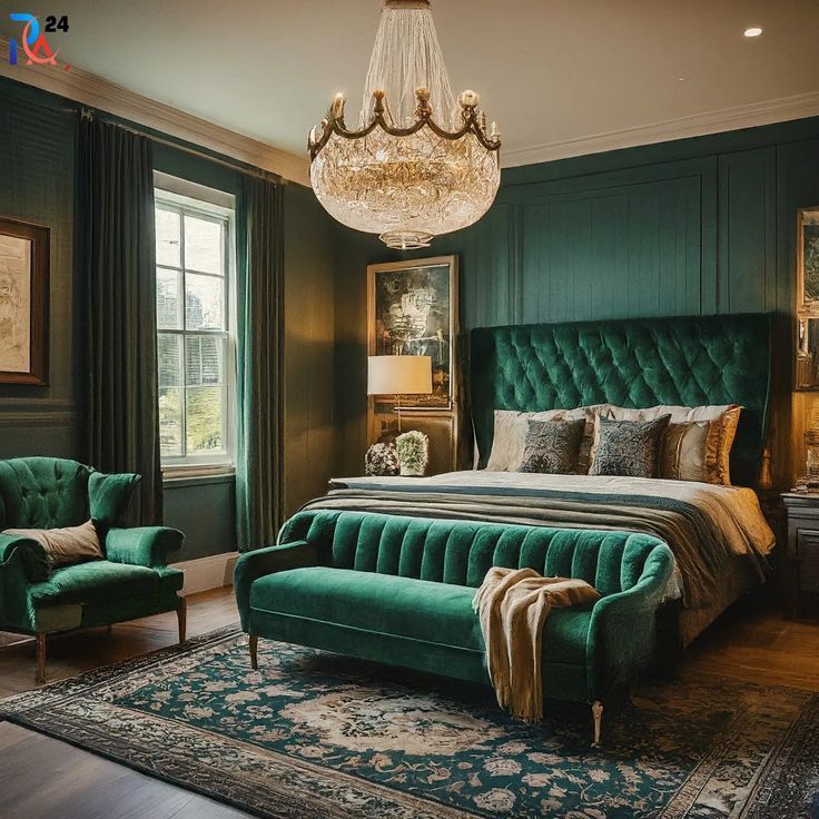 a bedroom with green furniture and chandelier