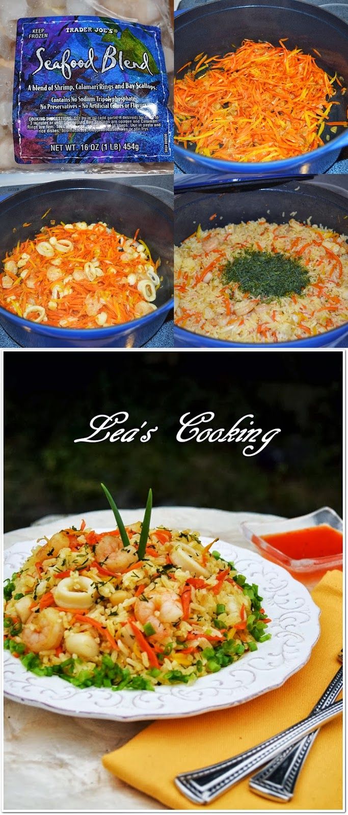 two pictures show different types of food in pans and on plates, with the same side by side