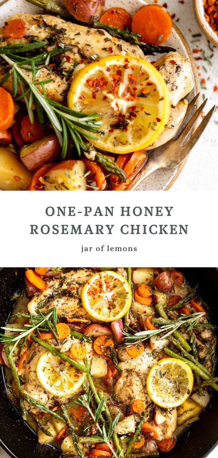 Two images of honey rosemary chicken. One Pan Roasted Chicken Dinner, Healthy Meal Prep For The Week Chicken, Roasted Chicken Meals, Whole Food Protein Meals, Meals With Rosemary, Honey Rosemary Chicken, Chicken And Rosemary Recipes, Chicken Anti Inflammation Recipes, Chicken Rosemary Recipes