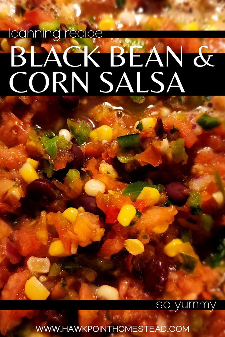 black bean and corn salsa in a white bowl with text overlay that reads canning recipe