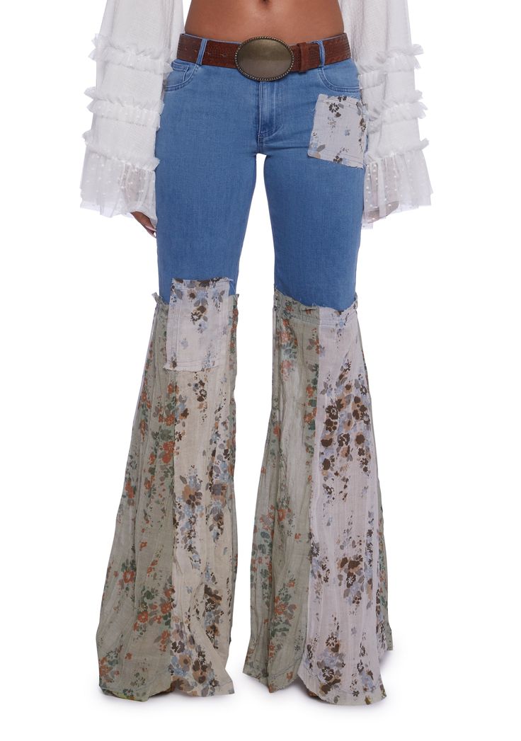 Free, fast shipping on Flora Delights Denim Pants at Dolls Kill, an online boutique for punk and streetwear fashion. Shop our exclusive collection of Current Mood clothing, shoes, and accessories here. Denim Flare Pants, Current Mood Clothing, Boho Denim, Floral Patchwork, Mode Boho, All Jeans, Patchwork Denim, Pride Outfit, Boho Pants