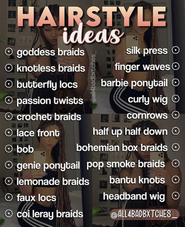 Hair Braid Names, What Braids Should I Get, Braids Names Hairstyles, Hair Inspiration Black Women Braids, Blaxk Girl Hairstyles Braids, Crochet Braid Curly Hairstyles, Style My Braids Hairstyles, Different Types Of Braids For Black Hair Protective Styles, Hair Styles Protective Hairstyles