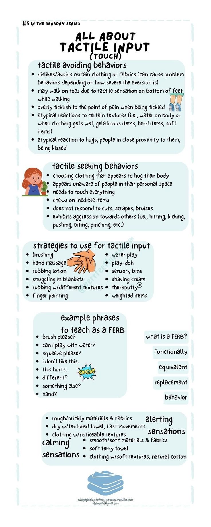 Learn about the tactile sensory system and each of these areas specifically for the tactile systemAvoiding behaviorsSeeking behaviorsStrategies to useExamples to teach as FERBS (functionally equivalent replacement behaviors)Calming sensationsAlerting... Tactile Activities Occupational Therapy, Tactile Learning Study Tips, Replacement Behaviors, Tactile Sensory Activities, Sensory Seeking Behavior, Sensory Seeking, School Refusal, Health Infographic, Tactile Activities