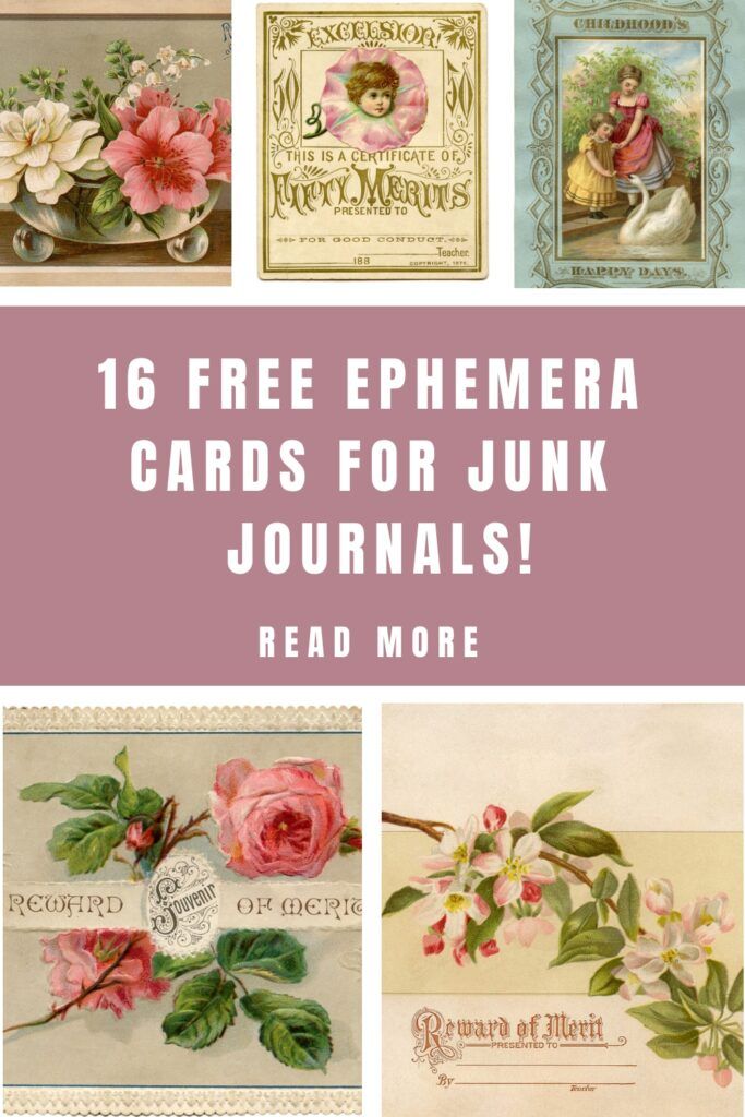 some old fashioned cards with pink flowers and green leaves on them, the text reads 16 free ephemera cards for junk journals read more