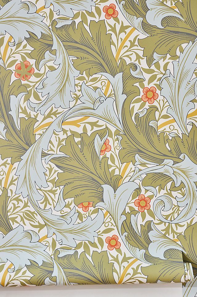 an ornate wallpaper design with flowers and leaves on green, blue, yellow and orange colors