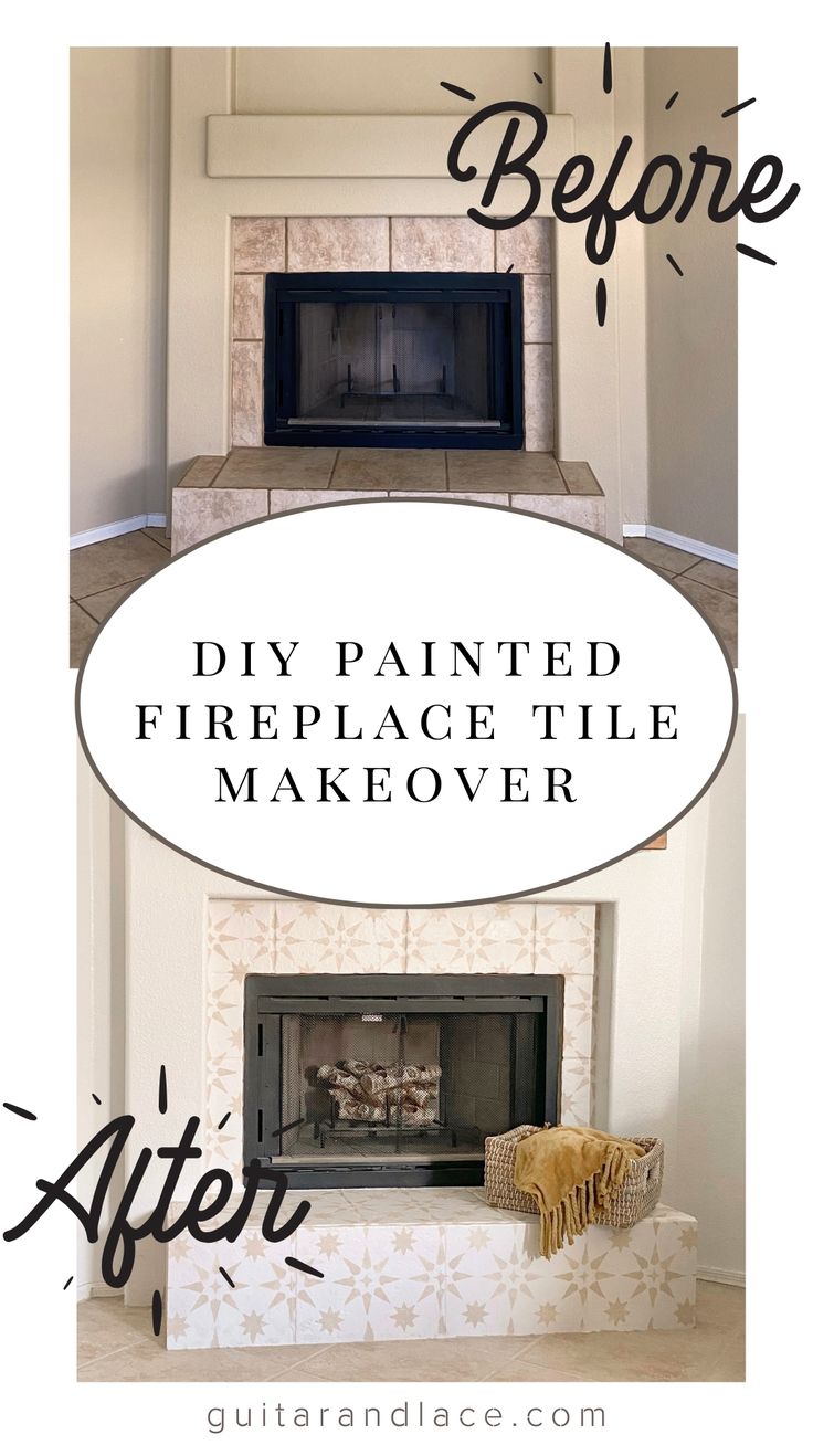 diy fireplace painted tile. Modern Boho Fireplace, Painted Fireplace Tile, Painted Tile Fireplace, Tile Fireplace Makeover, Modern Fireplace Tiles, Easy Diy Fireplace, Boho Fireplace, Paint Fireplace Tile, Tile Around Fireplace