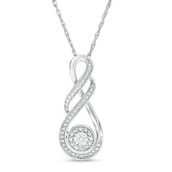 Elevate your attire with this mesmerizing infinity pendant. Fashioned in sterling silver, this style showcases a sculpted infinity symbol-shaped design glistening with beaded details and a pair of diamond accents. Nestled at the base, a diamond accent is artfully set to enhance size and sparkle and wrapped in a beaded frame. Buffed to a brilliant luster, this pendant suspends along an 18.0-inch rope chain that secures with a spring-ring clasp. Infinity Shaped Jewelry With Diamond Accents, Infinity-shaped Sterling Silver Jewelry In Diamond White, Sterling Silver Infinity Jewelry In Diamond White, Diamond White Infinity-shaped Sterling Silver Jewelry, Diamond White Sterling Silver Infinity Jewelry, Infinity Shaped Diamond Jewelry With Accents, Infinity Jewelry With Diamond Accents In Diamond White, Modern Twist White Gold Jewelry With Diamond Accents, Modern White Gold Jewelry With Diamond Accents