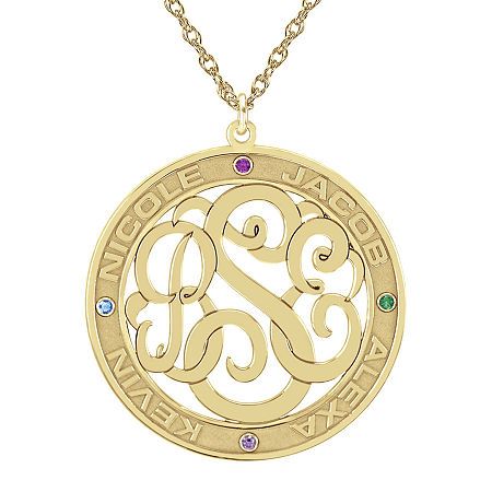 Celebrate family with this circle pendant featuring your monogram in the middle and names and birthstones of your loved ones around the edges. Initials will appear exactly as entered. Must be three letters, center initial will be enlarged. Made in America.Stones: Synthetic gemstonesPersonalize: Up to 3 script initials for the monogram in the middle; up to 4 names, 8 characters each with synthetic birthstones around the circleChoose up to four birthstones. Use letter key below to represent each m Customizable Round Birthstone Necklace For Anniversary, Personalized Gold Jewelry With Round Stone, Customizable Gold Round Birthstone Necklace, Personalized Round Pendant Birthstone Necklace, Personalized Round Gold Birthstone Necklace, Gold Round Birthstone Necklace For Personalized Gift, Customizable Round Birthstone Necklace For Personalized Gift, Gold Birthstone Necklace For Personalized Gift, Customizable Birthstone Necklace For Personalized Gift