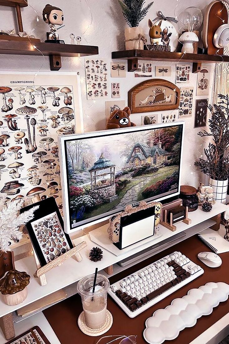 a computer on a desk with lots of decorations