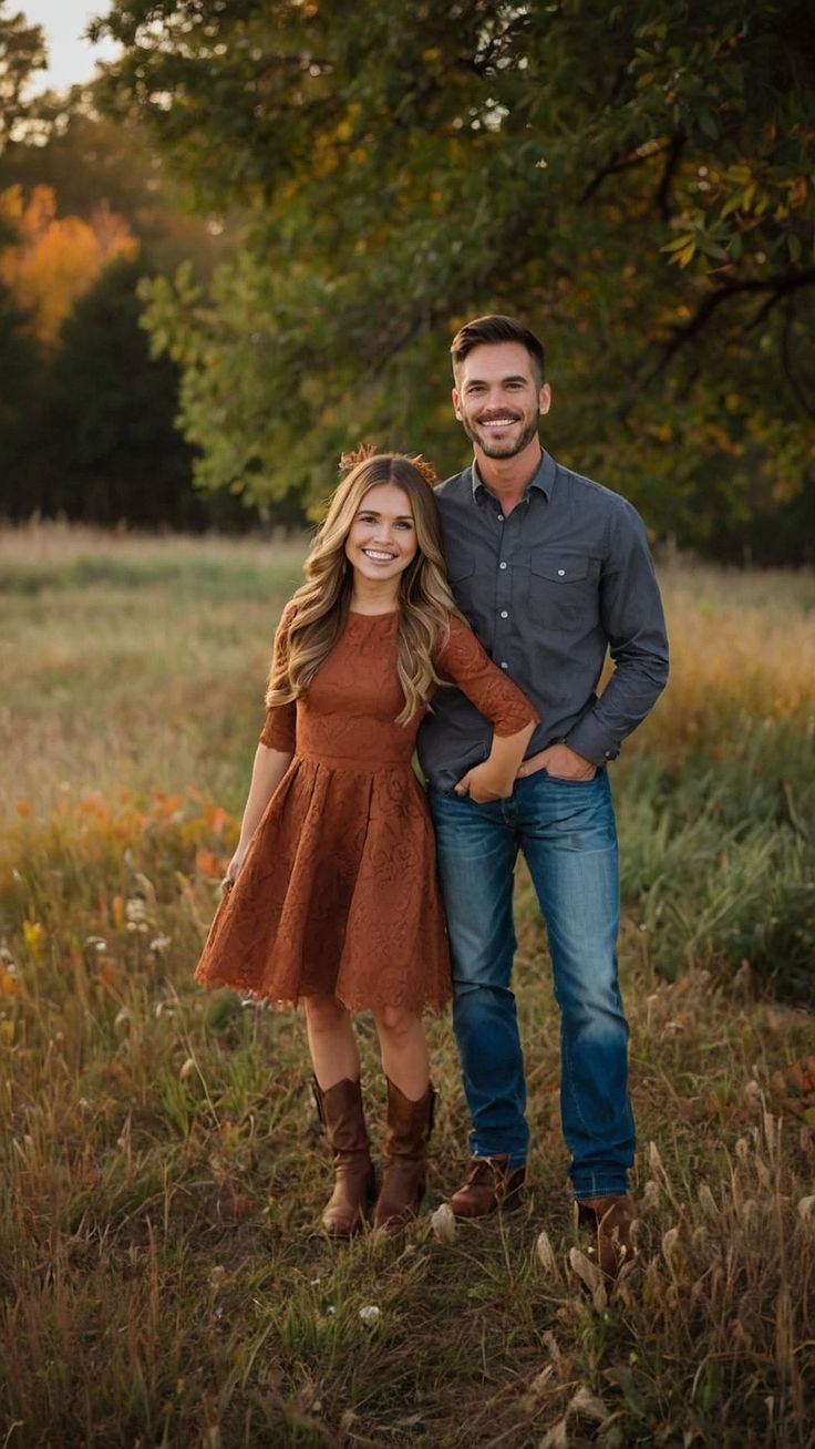 a man and woman are standing in the grass with their arms around each other, smiling