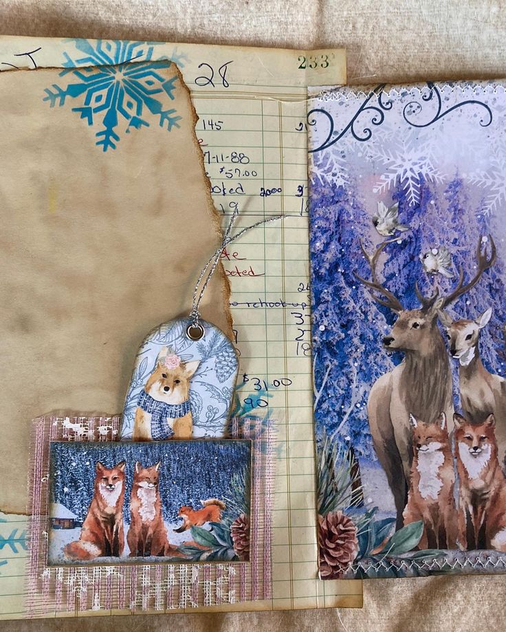 an altered photograph of two deer and other animals on a piece of paper with snowflakes in the background