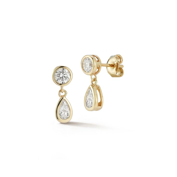 14kt Round and Pear Diamond Drop Earrings The Diamanté Collection takes its inspiration from Mateo's recent visit to the De Beers Orapa Diamond Mine in Botswana. Mother Nature has done a fantastic job creating these magnificent diamonds. Our only duty was to simply highlight each stone for daily wear. Round and Pear shape diamonds are beautifully bezel set in solid gold. 14kt Yellow Gold 1.47gm Gold 0.94ct Diamonds Post Back Made in New York City 14k Gold Earrings For Anniversary With Timeless Design, Diamond Earrings For Gifts, Luxury Diamond Earrings With Timeless Design For Anniversary, Luxury Yellow Gold Earrings With Timeless Design, Fine Jewelry Earrings For Anniversary With Timeless Design, Fine Jewelry Earrings With Timeless Design For Anniversary, Timeless Fine Jewelry Earrings For Anniversary, Timeless Pear-shaped Brilliant Cut Earrings, 14k Gold Fine Jewelry Earrings With Timeless Design