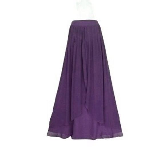 "It is made from soft and good quality Chiffon fabric. This is made to order in your measurements. Skirt length: 37\" .It can be made longer or shorter. It is made with a zipper. You can choose other colors from the color chart. When you order please give me your measurements: 1: The length of the skirt from the top of the waistline to the bottom hem. 2: Waist ( where you want the waistline to be). 3: Hips ( around the fullest part) 4: And your color choice. *Note: The colors may show a little d Long Summer Skirt For Bridesmaid, Flowy Purple Maxi Skirt For Party, Purple Flowy Maxi Skirt For Party, Purple Party Maxi Skirt, Purple Flared Maxi Skirt For Party, Summer Flowy Bridesmaid Maxi Skirt, Flowy Chiffon Gathered Skirt, Chiffon Tiered Maxi Skirt For Party, Chiffon Tiered Party Skirt