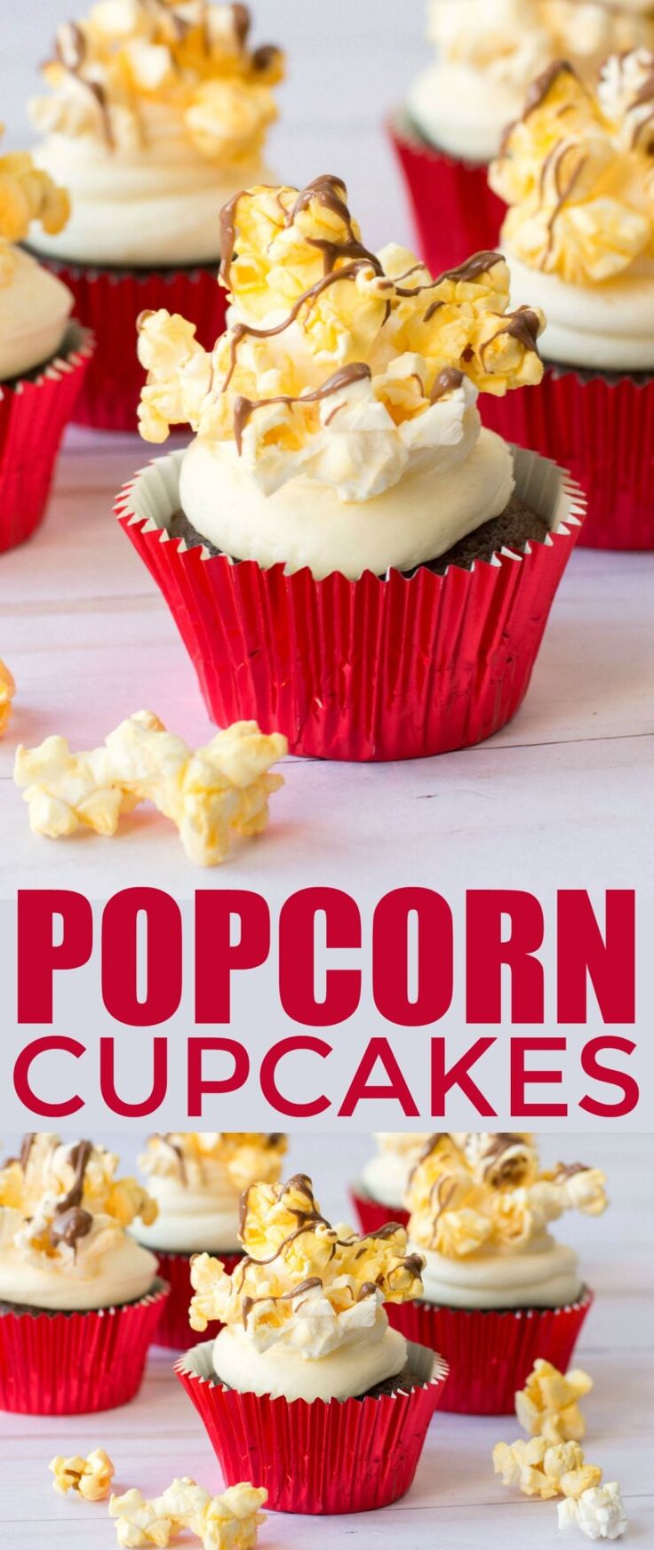 popcorn cupcakes with white frosting and gold sprinkles on top