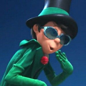 an animated man in a green suit and top hat, with sunglasses on his face