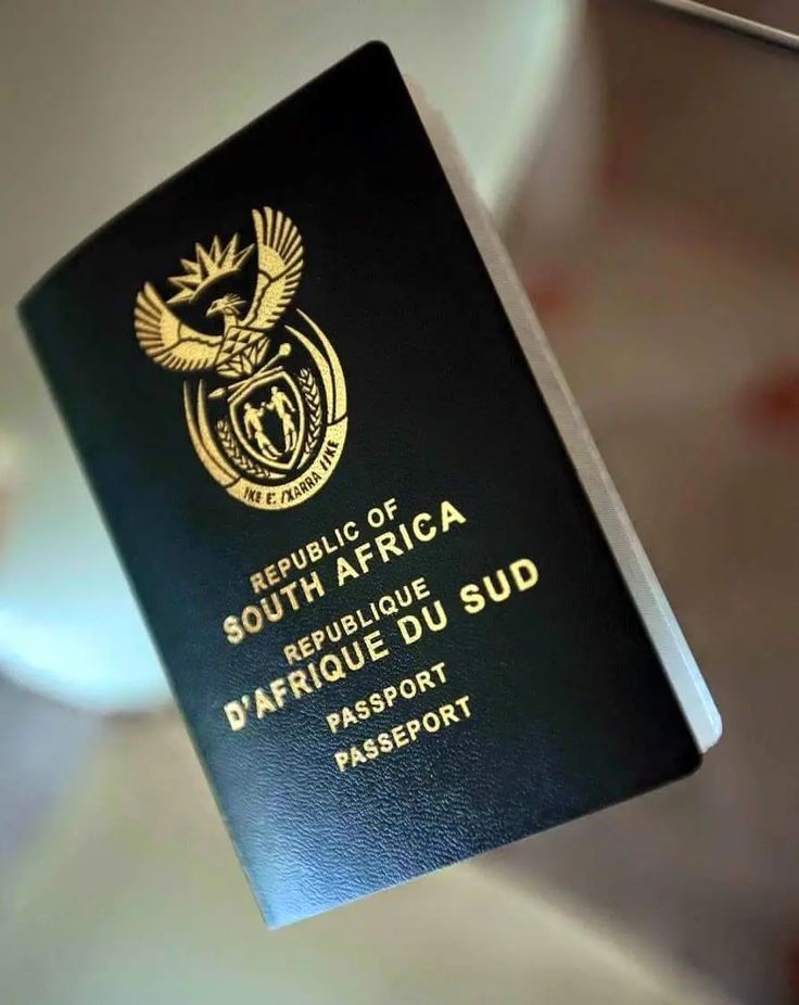 a black and gold south african passport is hanging from a glass shelf in an airport