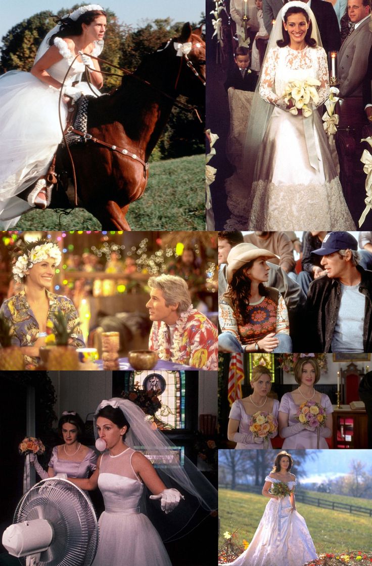 many different pictures of people in wedding dresses and hats, including one woman riding a horse