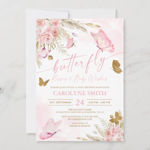 a pink and gold butterfly baby shower card