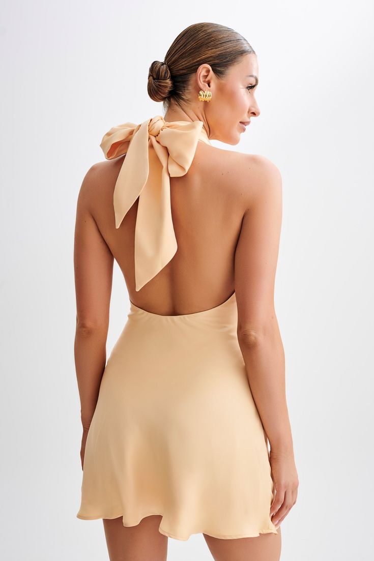 For the perfect day.Presenting the FRANCINE Satin Halter Mini Dress, a stunning piece that effortlessly combines elegance and allure. Featuring a gathered bust and halter neckline, this dress exudes feminine charm with every detail. The tie back neck adds a touch of sophistication, while the crossover neckline detail enhances its visual appeal. With its mini length and low back, it offers a flattering silhouette that's perfect for any occasion. Lined for comfort and coverage, and with a side zip Backless Mini Dress With Tie Back For Bridesmaid, Elegant Strapless Mini Dress With Tie Back, Chic Backless Mini Dress For Bridesmaid, Flirty Bridesmaid Dress With Tie Back, Chic Halter Neck Top For Brunch, Spring Formal Backless Dress With Ruched Back, Formal Spring Backless Dress With Ruched Back, Formal Halter Neck Mini Dress For Summer, Summer Formal Halter Neck Mini Dress