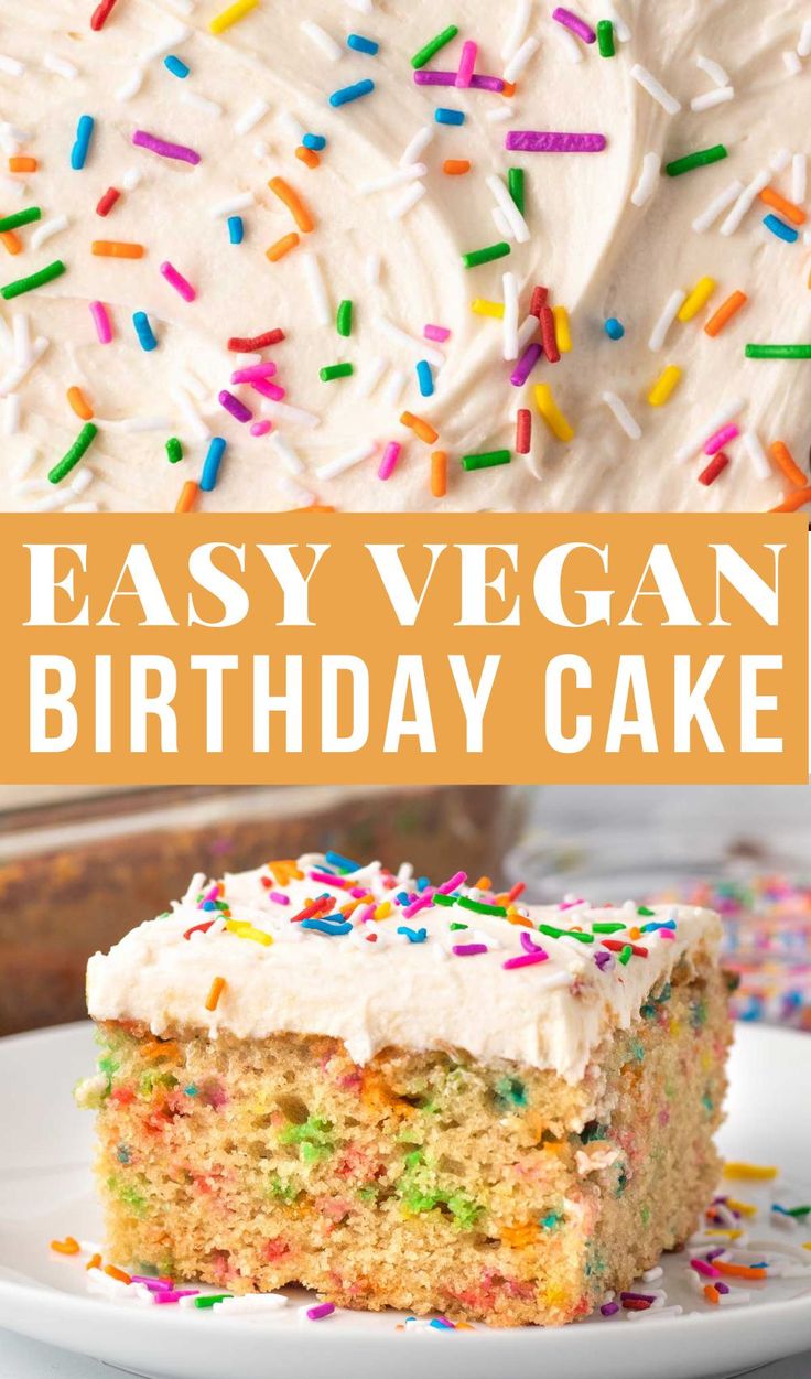 an easy vegan birthday cake with white frosting and sprinkles on top