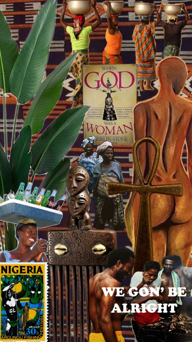 a collage of african art, including an image of a man with a cross