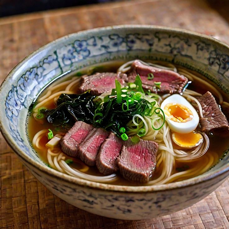 a bowl of beef noodle soup with an egg on the side and greens in it