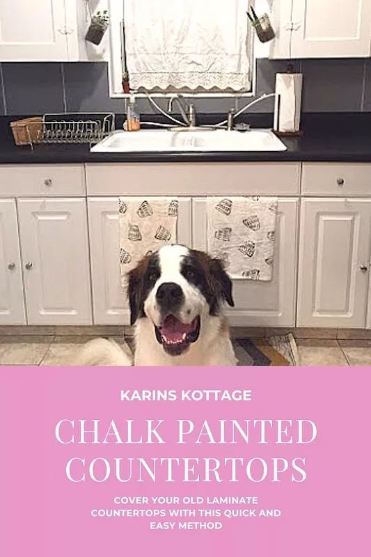 a black and white dog sitting in front of a kitchen sink with the words chalk painted countertops over it