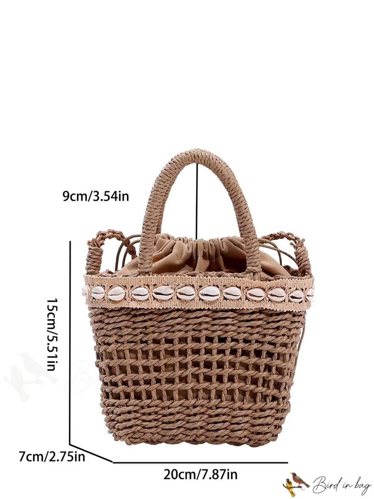 BirdinBag - Vacation-style Double Handled Mini Straw Bag with Hollow Out Detail Vacation Style, Bag Bag, Color Khaki, Straw Bag, Top Handle, Bucket Bag, 20 Cm, Satchel, Straw