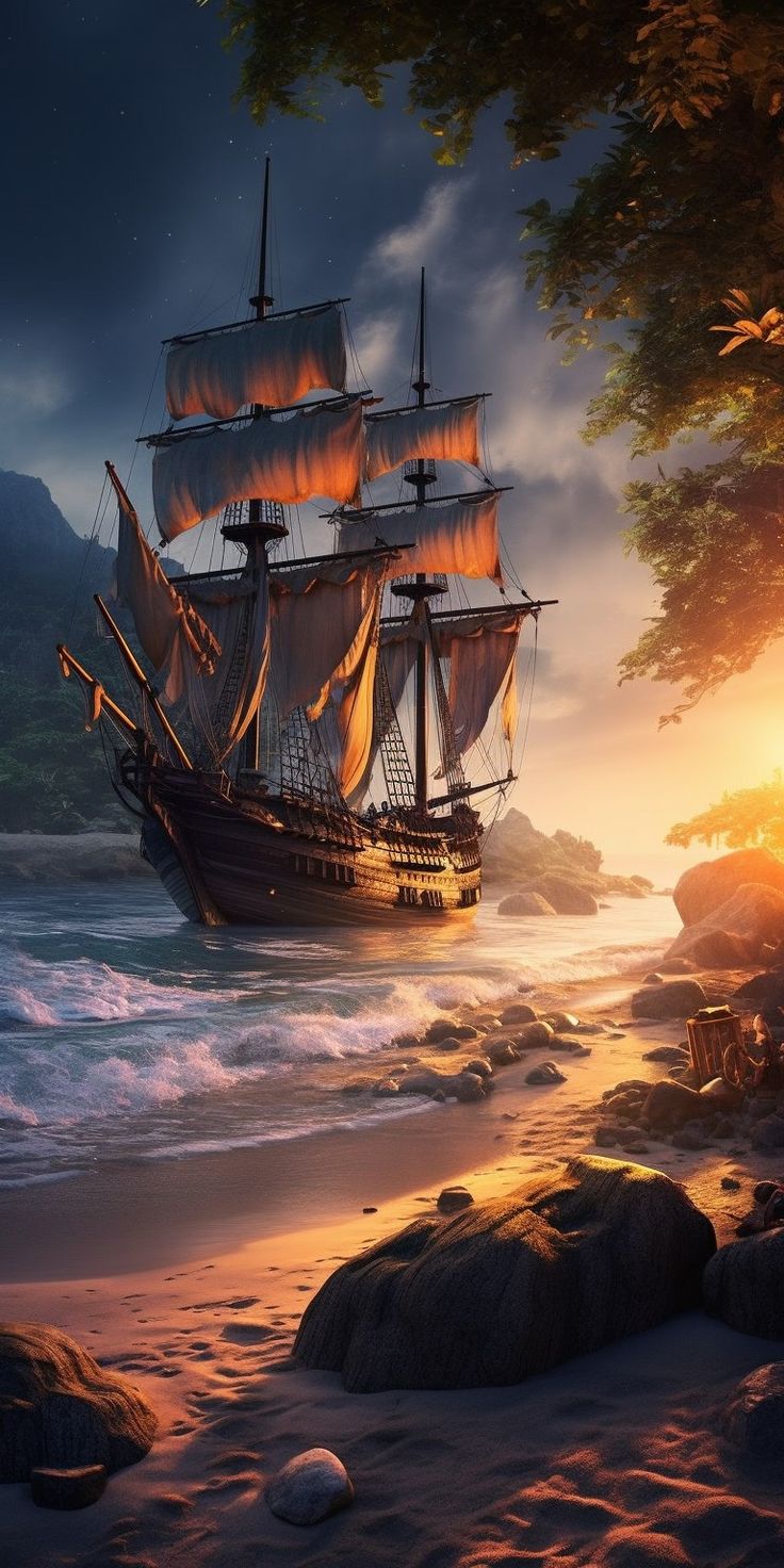 a pirate ship sailing through the ocean at sunset