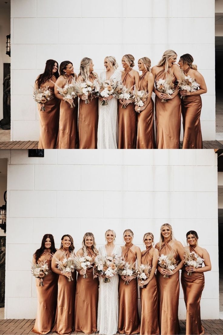 the bridesmaids are all dressed in brown dresses