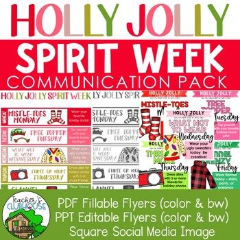 the holly jolly spirit week communication pack is shown in red, white and green colors