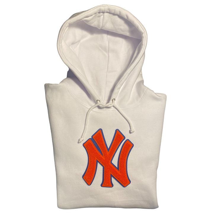 All white hoodie , custom stitched NY orange chenille patch on middle of sweater. Can be made to order in different team colors & hoodie upon request White Cotton Sweatshirt With Logo Patch, White Logo Patch Sweatshirt For Streetwear, White Cotton Throwback Hoodie, White Logo Patch Sweatshirt, White Sweatshirt With Embroidered Logo For Streetwear, White Long Sleeve Sweatshirt With Logo Patch, White Hoodie For Sports Events In Fall, White Fleece Hoodie With Letter Embroidery, White Hoodie With Custom Embroidery For Fall