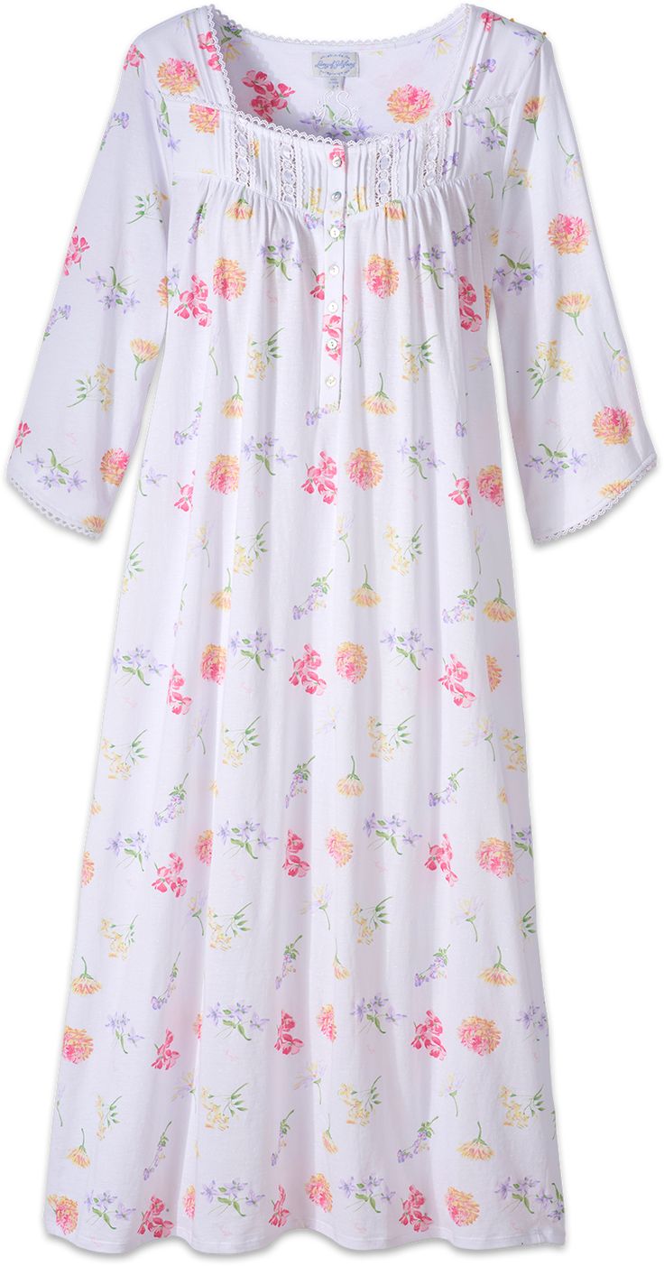 This fresh floral-print nightgown is one of the softest and silkiest we've ever seen from Lanz. The cotton is finely woven and the flattering silhouette is detailed with gentle gathers at the bodice, pearlized buttons, 3/4 sleeves, and lace and beaded ribbon trim. Silky soft knit nightgown3/4 sleevesButton-front placketFlowing silhouetteNeckline runs wideApprox. 50" long100% cotton knitMachine wash and dryImported White Cotton Dress For Pajama Party, White Floral Print Long Sleeve Nightgown, White Nightgown For Spring Pajama Party, White Nightgown For Pajama Party In Spring, White Dress For Spring Pajama Party, White Dress For Pajama Party In Spring, White Spring Dress For Pajama Party, Spring Nightgown With Lace Trim For Overnight, Spring White Nightgown