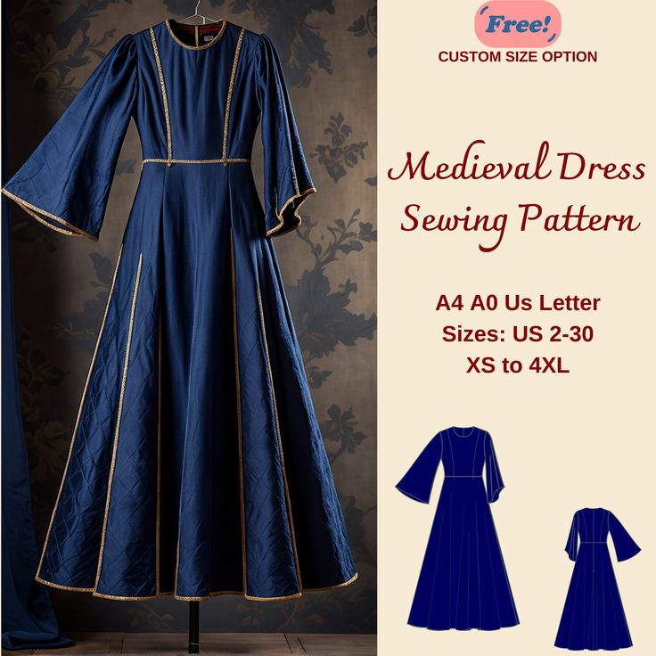 Renaissance Dress Sewing Pattern, Celtic Dress, Victorian Dress, Medieval Boho Dress, Elvish Dress, Cosplay Dress, Boho Maxi Dress, XS-4XL: US Sizes: 2, 4, 6, 8, 10, 12, 14, 16, 18, 20, 22, 24, 26, 28, 30 Standard Sizes: XS, S, M, L, XL, 2XL, 3XL, 4XL These patterns are suitable for A4, A0, and US Letter size papers. As soon as your payment is processed, you will automatically receive download links for the pattern files. *PLEASE NOTE that you will only be able to download the files from a compu Winter Dress Pattern, Blue Medieval Dress, 14th Century Dress, Elvish Dress, Medi Dress, Medieval Dress Pattern, Style Dress Patterns, Celtic Dress, Velvet Dress Long